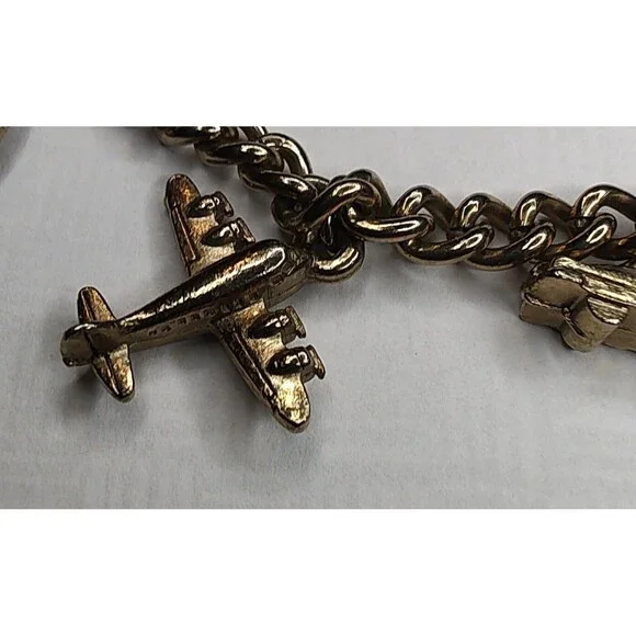 Vintage Gold Tone Charm Bracelet Airplane Cruise Ship Train Engine Florida Cross - Picture 3 of 13